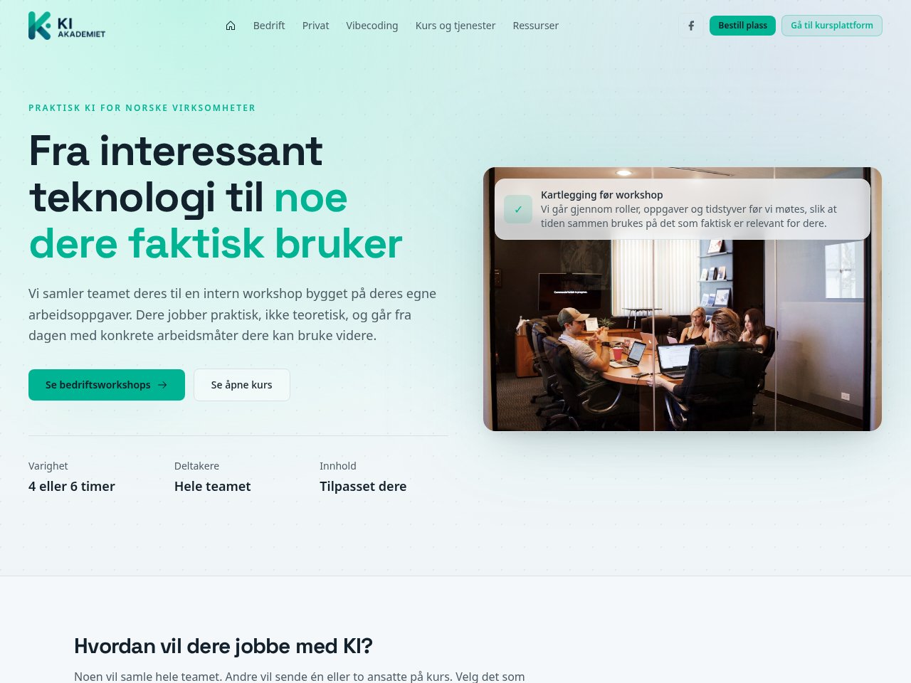 Forsiden til kiakademiet.no med praktiske KI-kurs for norske virksomheter